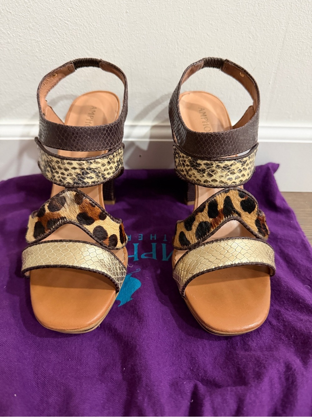 Amphora Multi Animal Print Leather Heeled Sandals ~ Size 8/38